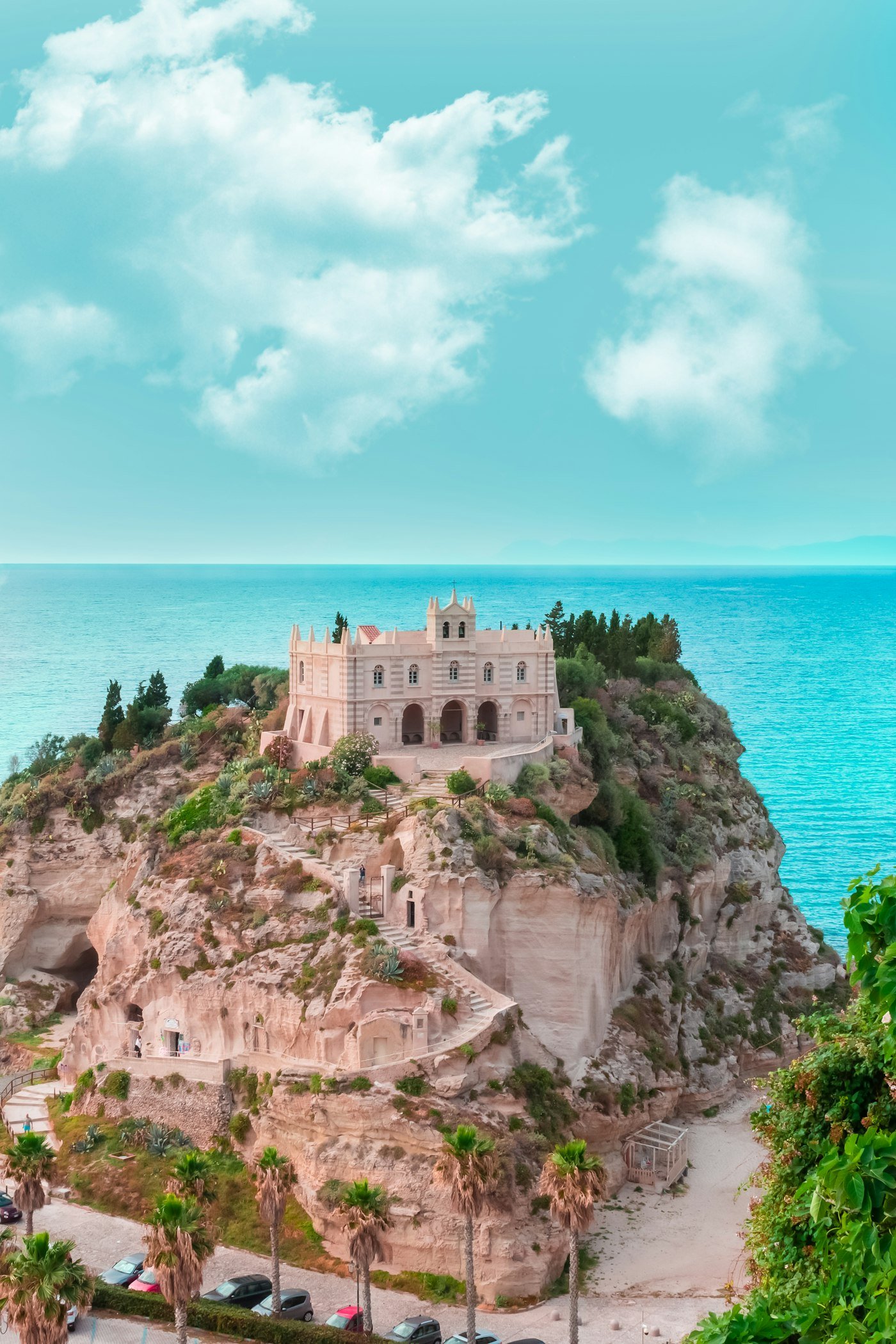 The monastery of Santa Maria dell&rsquo;Isola on its rock above the turquoise sea at Tropea, Calabria